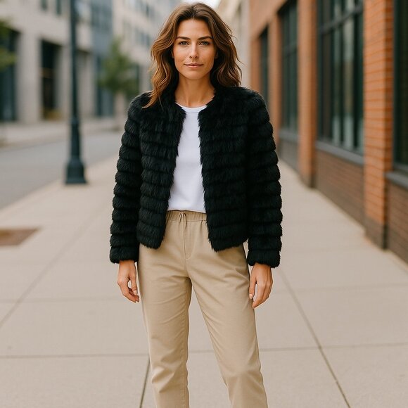 She + Sky Black Long Sleeve Layered Faux Fur Jacket-Small NWT - Picture 2 of 2